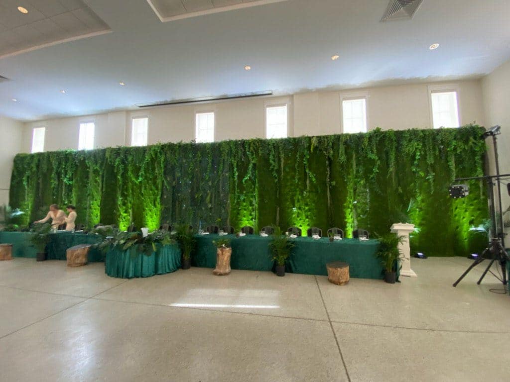 A rainforest themed backdrop, of Green tufted moss like material, spiked through with various wild greenery